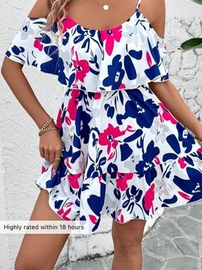 Cold-Shoulder Floral Mini Dress in White with Navy & Pink